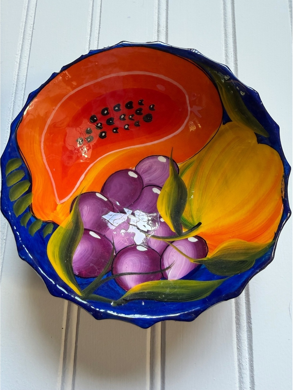 Vintage Mexican Pottery Footed 5.5" Fruit Bowl Papaya Grapes Wall Hanging